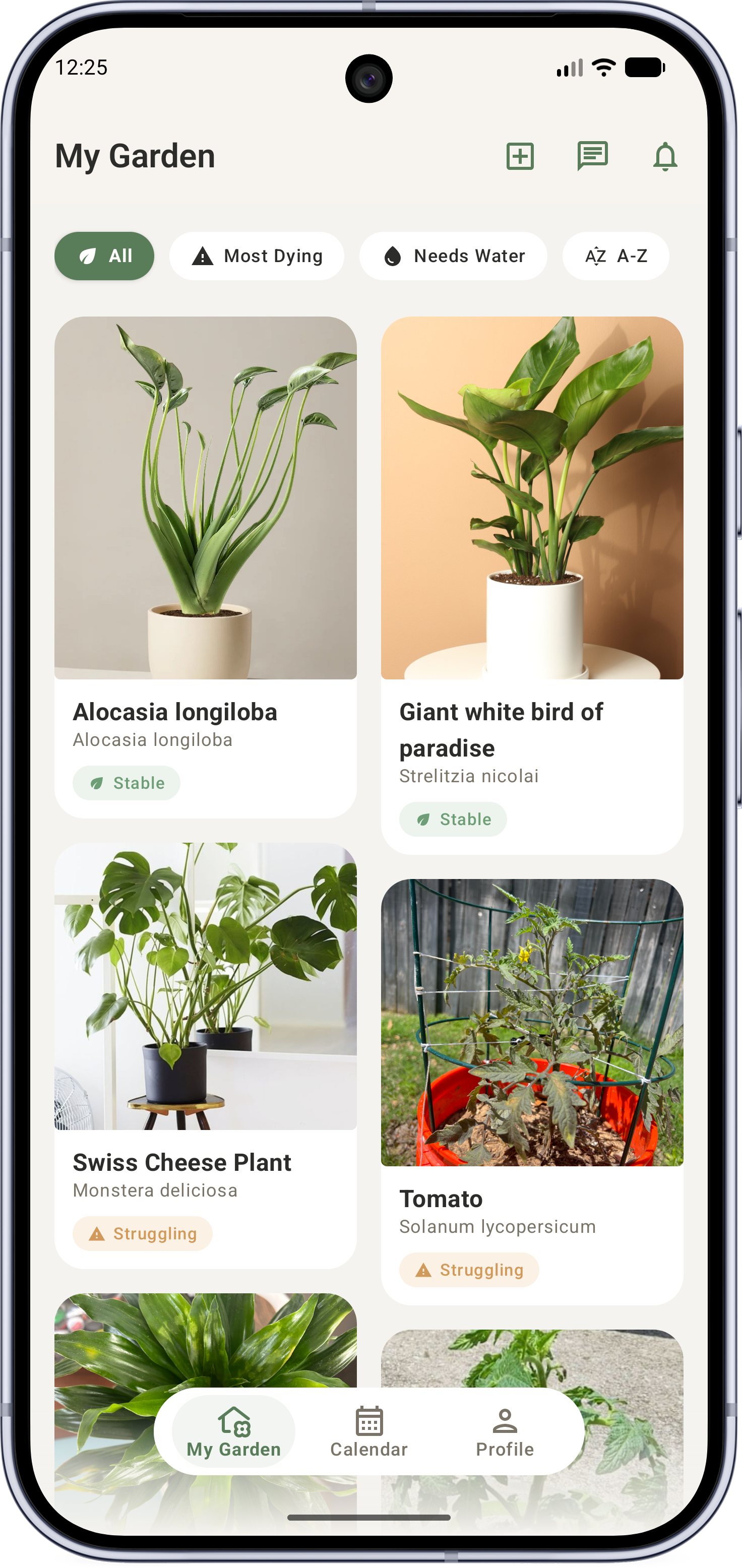 Leafy AI My Garden home screen showing plant tracking dashboard