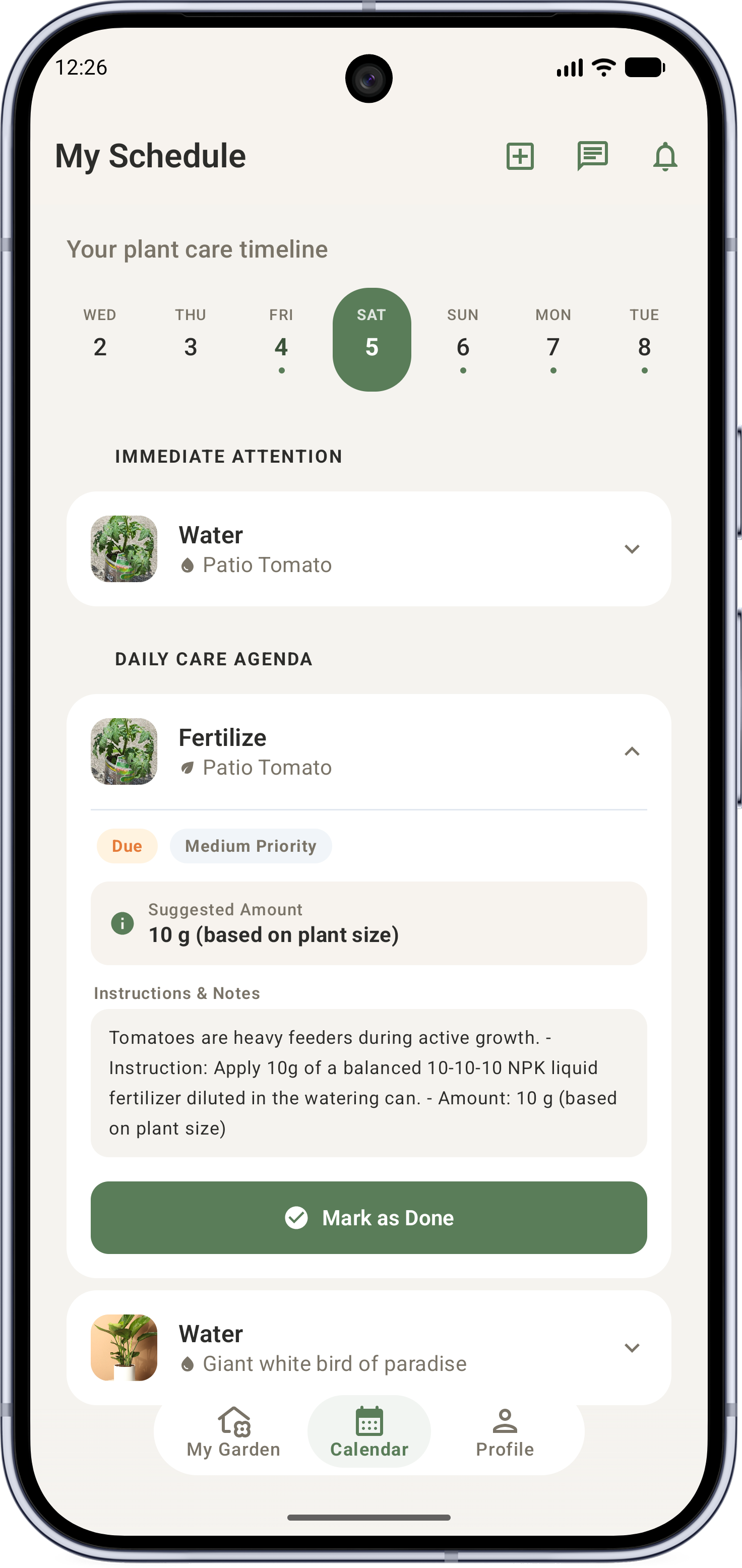 Leafy AI care calendar and watering tasks screen
