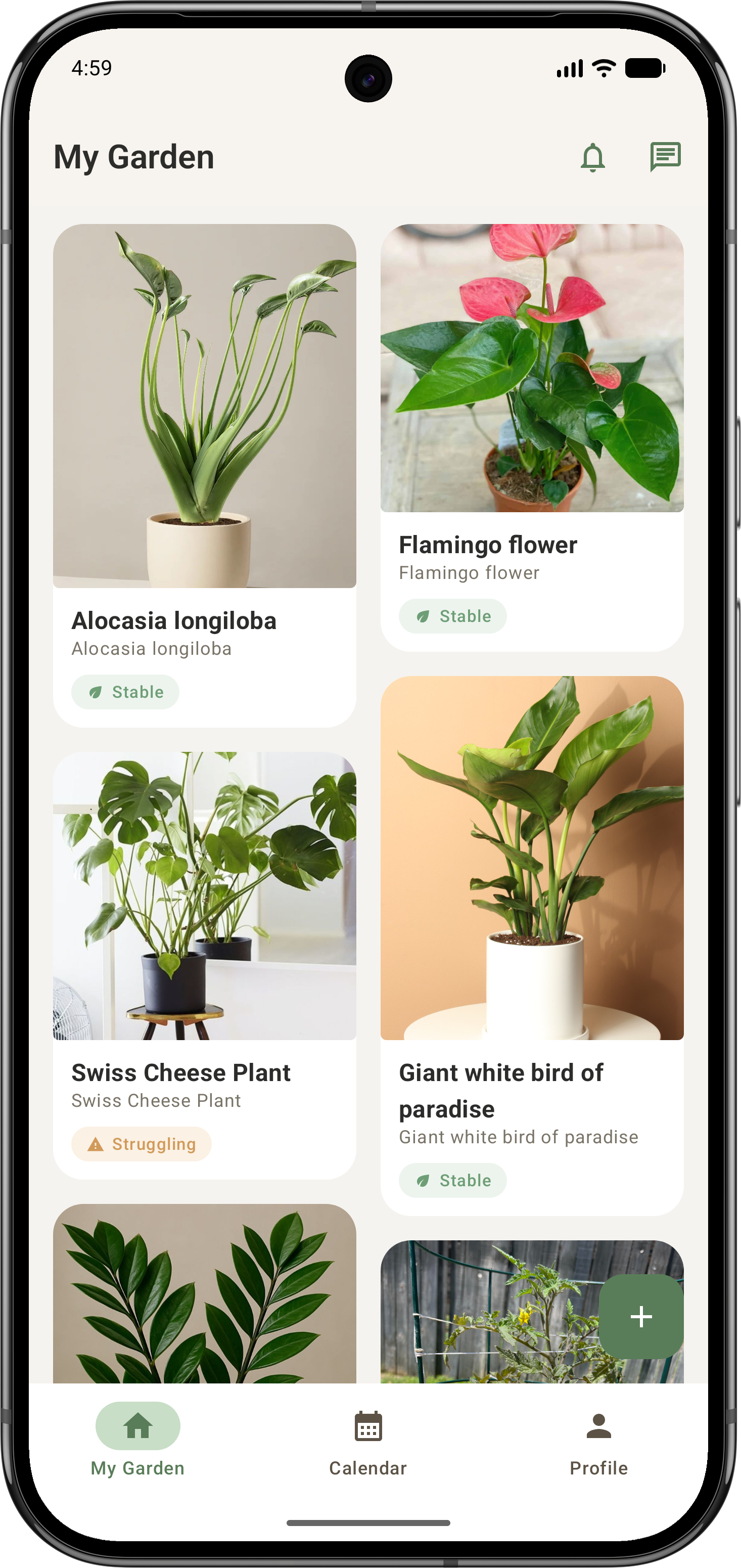 Leafy AI app home screen showing plant tracking dashboard