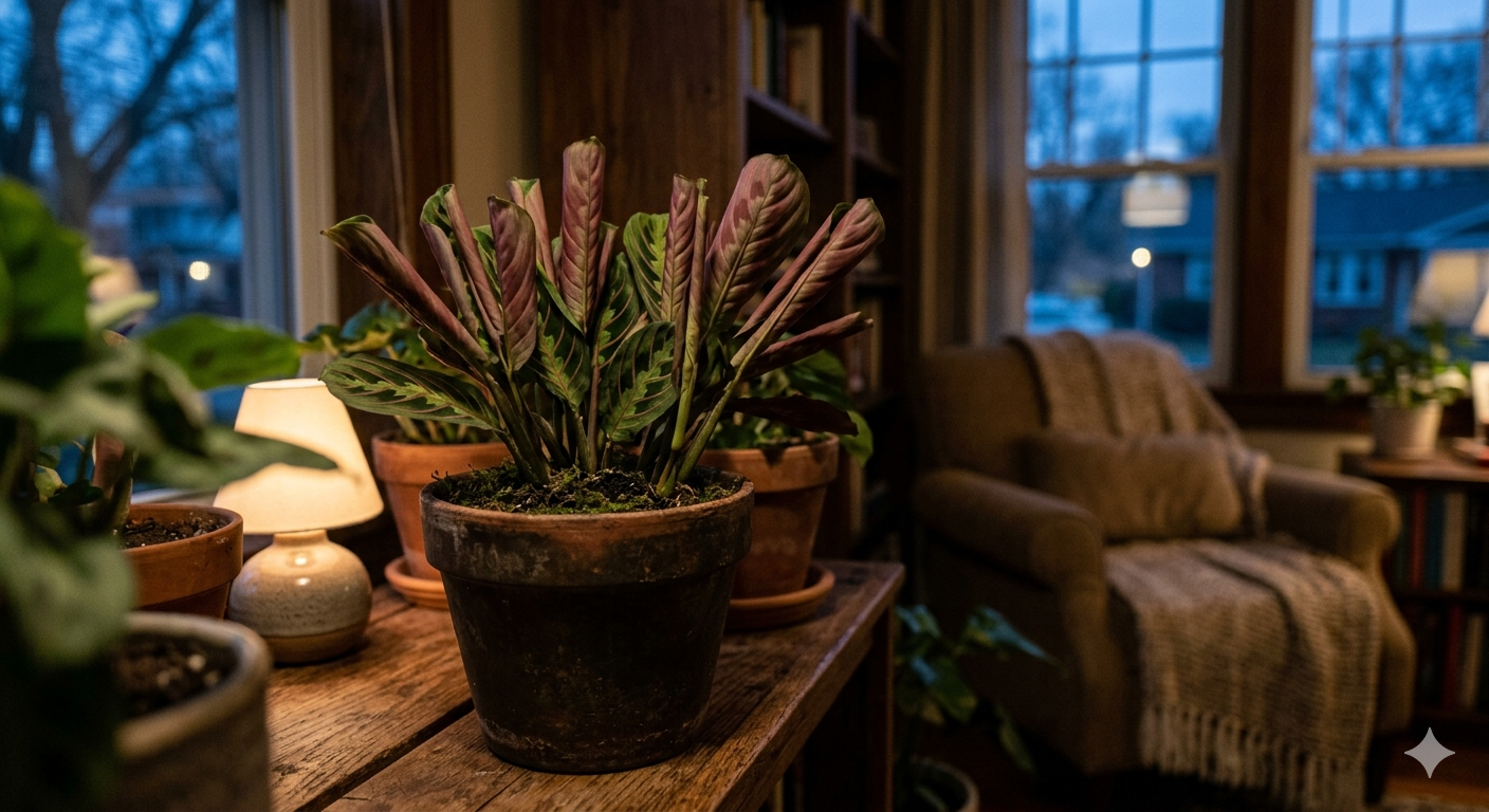 Prayer plant leaves folded at dusk illustrating nyctinasty and daily plant movement