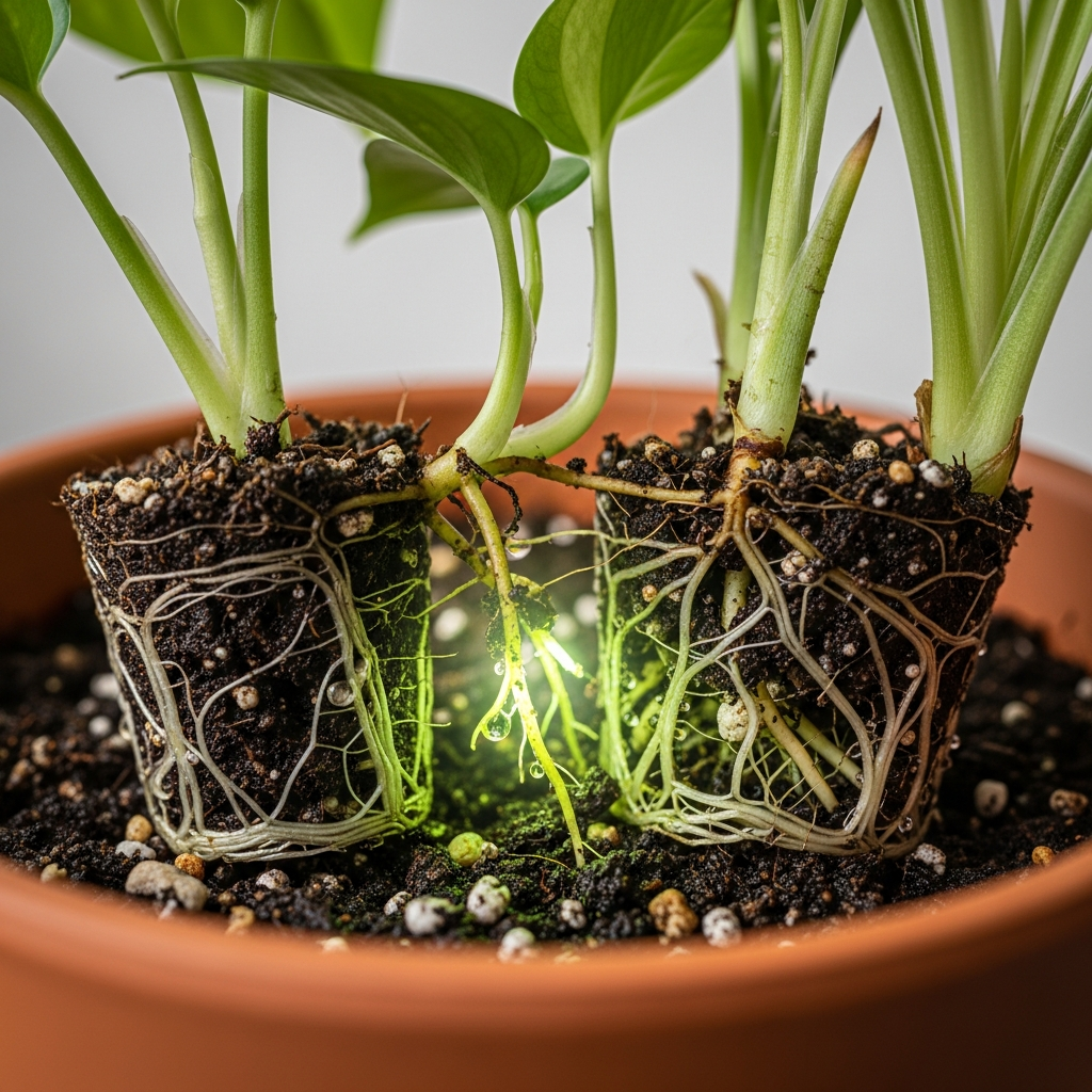 Vibrant houseplants side-by-side, with a high-tech overlay showing glowing underground root chemical interactions.
