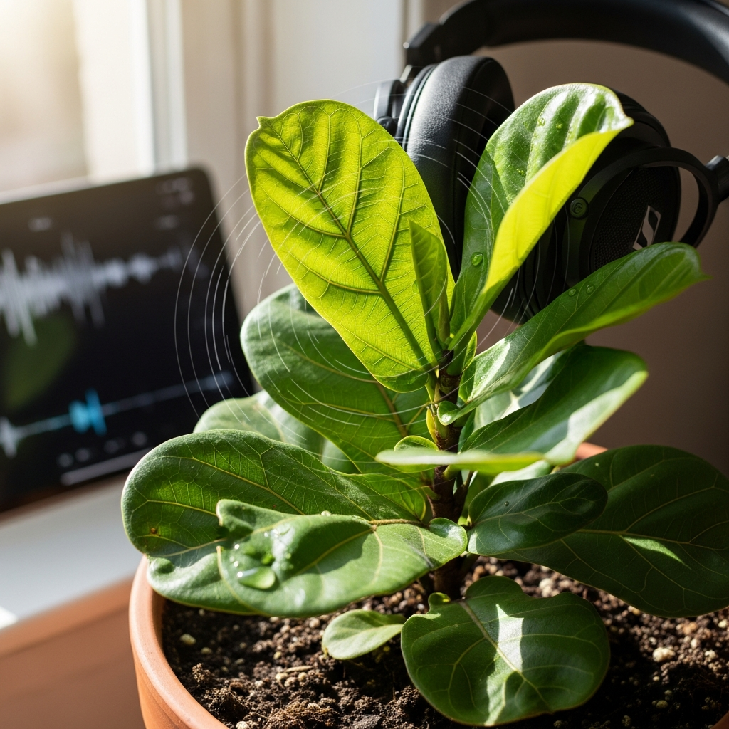 Elegant green houseplants on a modern shelf with clean abstract audio waveform patterns flowing across the room.